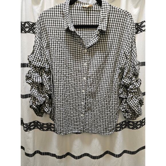 Gilli gingham gathered puff sleeve button-down long sleeve top size large - Picture 1 of 11